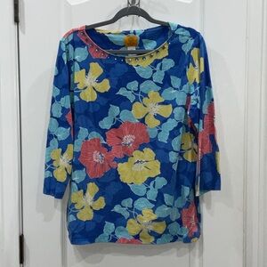 Ruby Rd. Blue Floral Blouse with Yellow and Red Accents